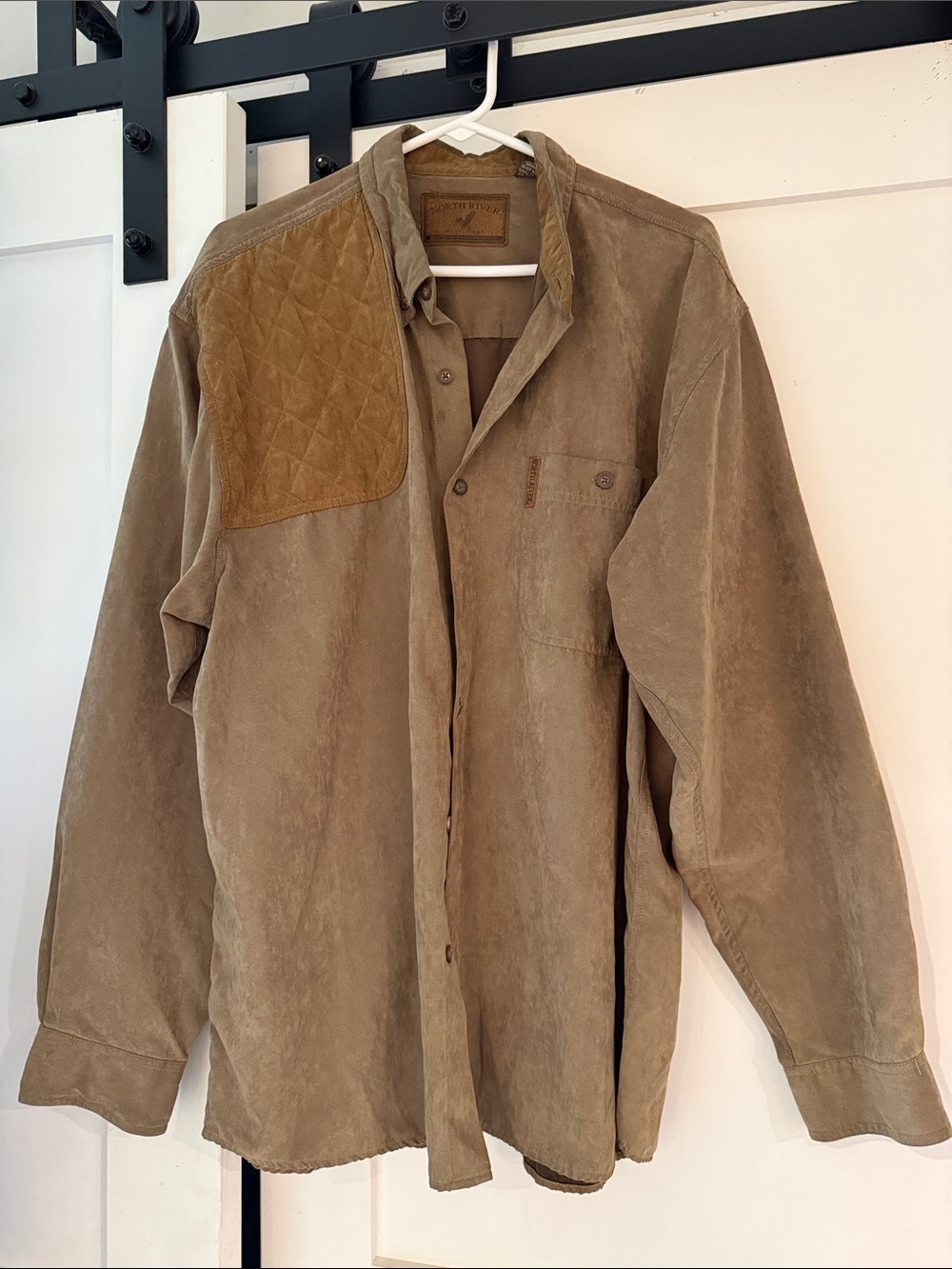 Men's Tan Suede Button-Up Jacket with Quilted elbows
